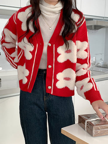 Airchics cardigans fleurie boutonnage femme mode rouge noël